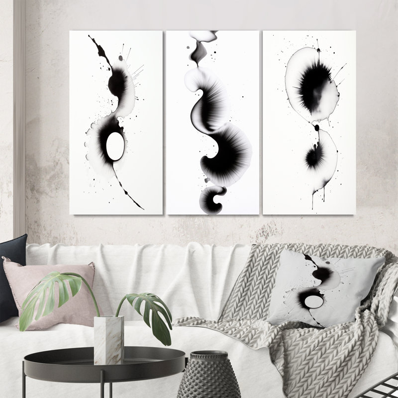 Subtle Ink Monochromatic Symphony IV - Abstract Painting Art Set Of 3 Pieces, Toile tendue, H 40 po x l 60 po