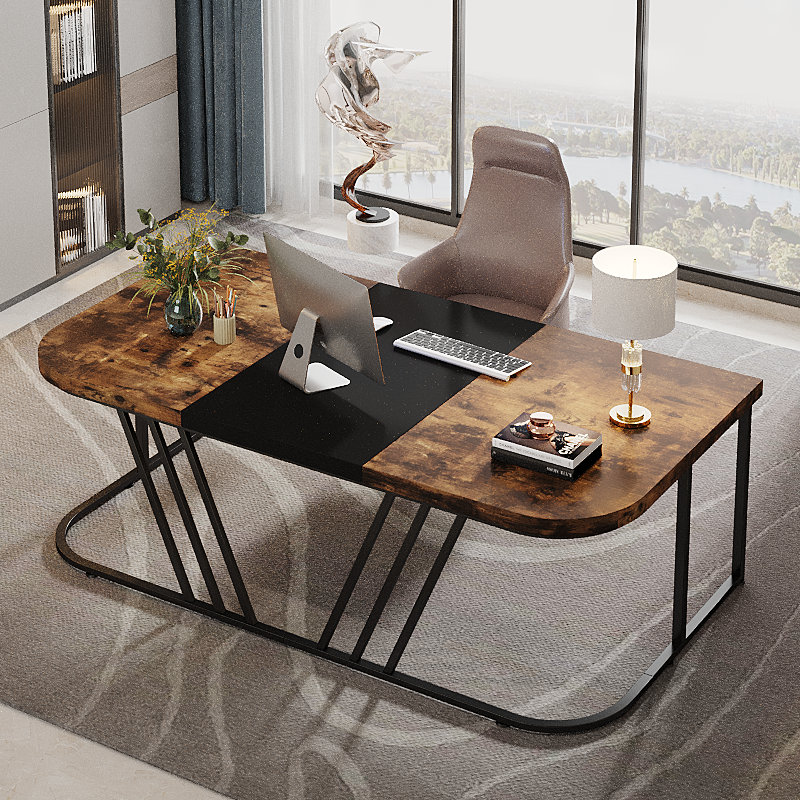 Metal Base Executive Desk, Brown/Black, Black