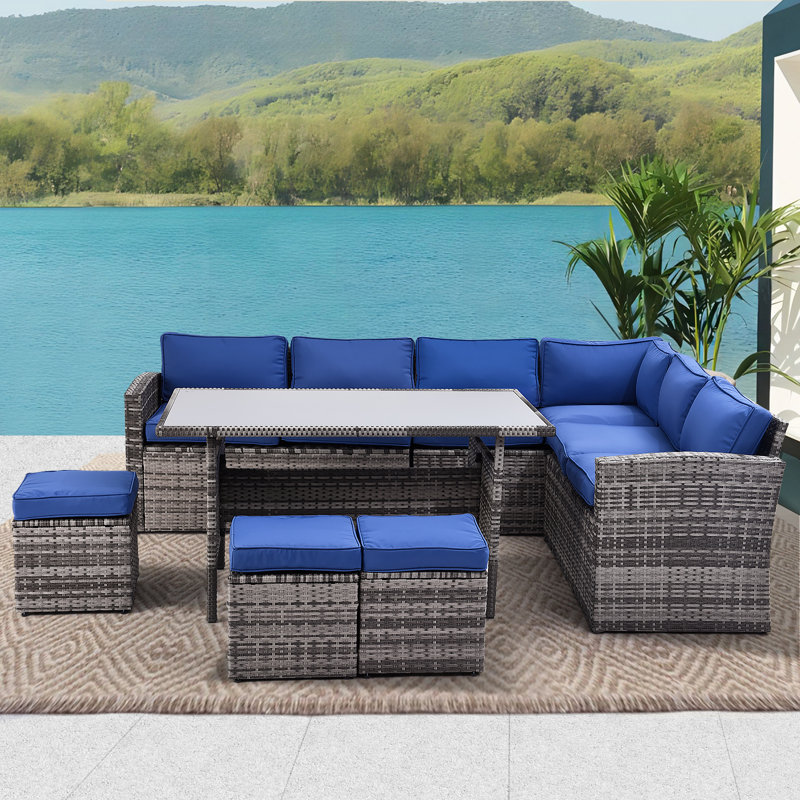 Ensemble de conversation pour 9 personnes avec coussins, Bleu