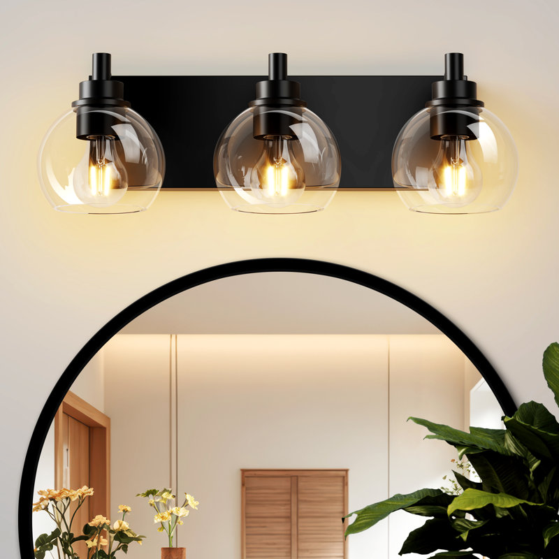 Bathroom Light Fixtures, 3-Light Matte Black Vanity Light Over Mirror, 19" Modern Wall Sconces With Clear Glass Globe Shade,Bathroom Wall Lights For Mirror Kitchen Bedroom Hallway