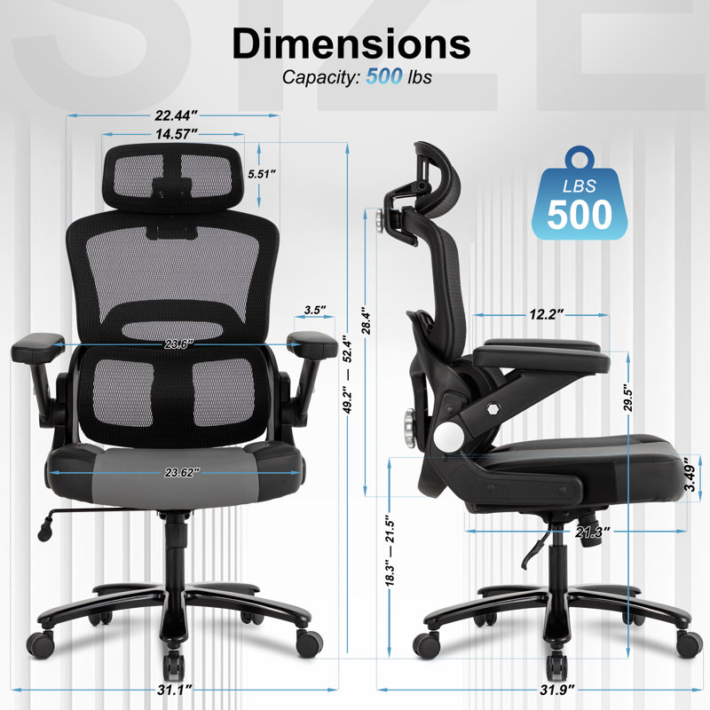 Très grande chaise de bureau ergonomique Inbox Zero 500 LBS avec support lombaire réglable et accoudoirs rabattables