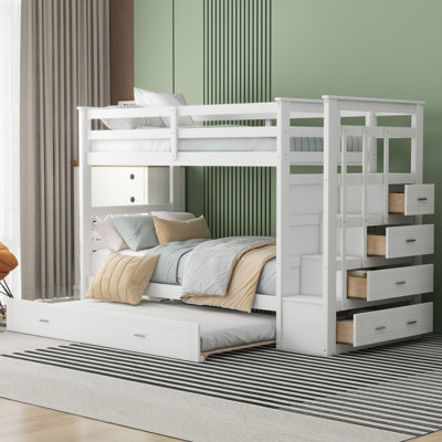 Bunk Bed with Trundle, Storage Staircase, and Drawers – Solid Wood Frame for Kids & Teens by Harriet Bee
