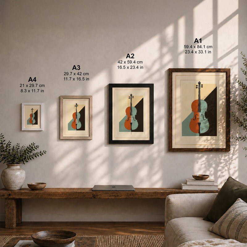 Geometric Violin Art Deco - Framed Print, A2 - 59.4 x 42.0 cm, Walnut