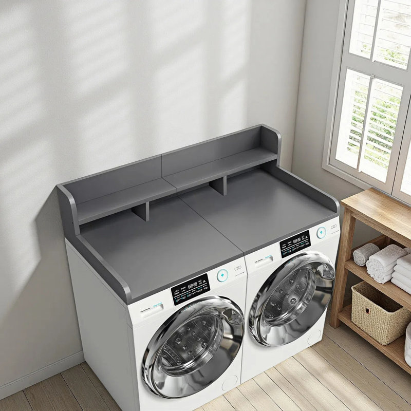 Wooden Laundry Washer Dryer Countertop Organizer With Edge ,Double Layer Storage Shelf, Gray