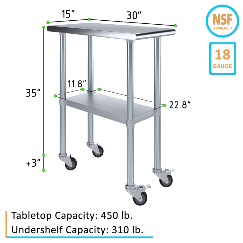 Table de préparation à roulettes express en acier inoxydable H 32 po x L 15 po x P 30 po avec tablette réglable et roulettes verrouillables Express KitchQuip