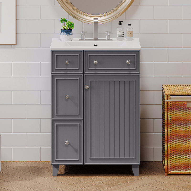 Meuble-lavabo 24 po avec lavabo en céramique, 2 tiroirs, 1 porte à fermeture en douceur, Gris