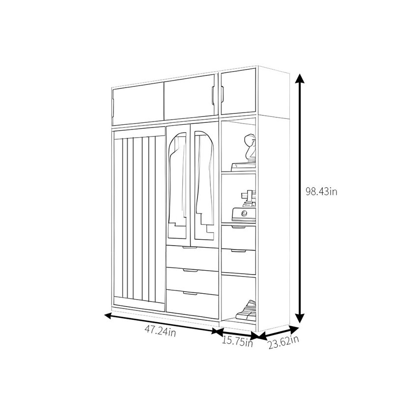 Retro Simple Push Pull Wardrobe, 98.43" H x 62.99" W x 23.62" D