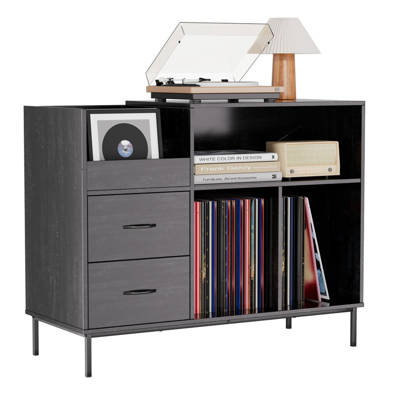 Support pour tourne-disque 27,6 "avec couvercle rabattable, prise de courant et rangement pour 300 disques vinyle Andover Mills Rivenburg