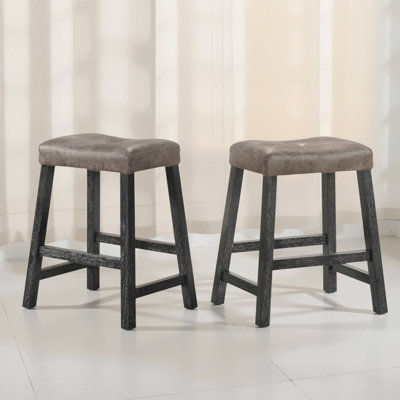 Ensemble de tabourets de bar rustiques sans dossier rustique en bois de 2 à 25 pouces avec siège en cuir brun, finition vieillie et structure robuste