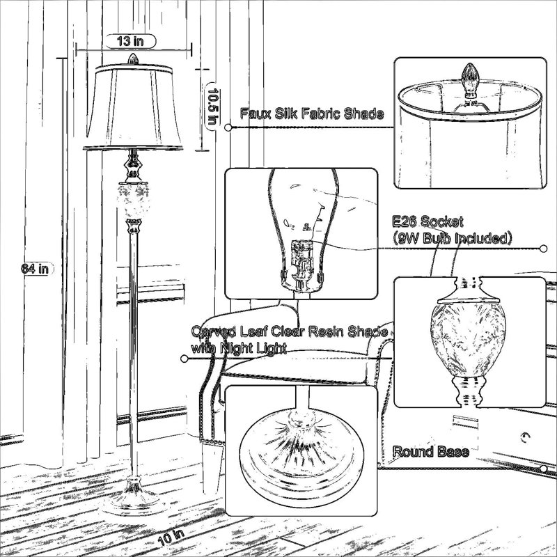 Vintage Farmhouse Floor Lamp With Built-In Nightlight, 64-Inch Tall Standing Lamp With Beige Faux Silk Shade And Rotary Switch For Living Room, Bedroom, Office