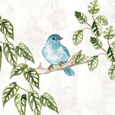 Little Tropical Bird On Branch Blue - Wrapped Canvas Painting