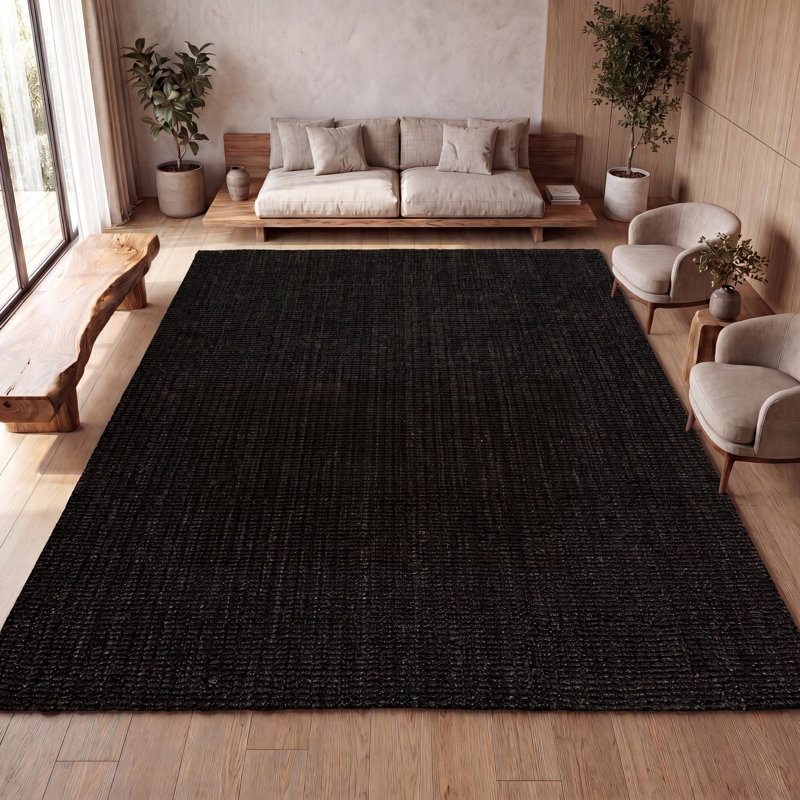 Tapis noir en jute tissé à la main Dropati Pata, Rectangle 4pi x 6 pi