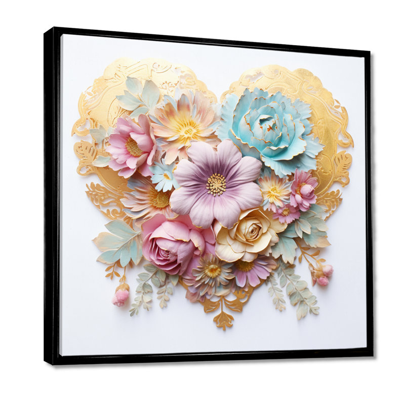 Fleur mauve pastel doré cœur romantique - impression abstraite murale, salon, Toile avec cadre flottant noir