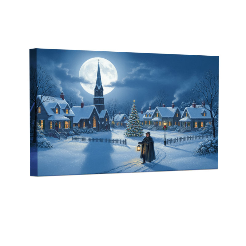Ensemble de 3 reproductions d'art sur toile, "Christmas Snowy Village Moonlight Christmas", 16" H x 24" W