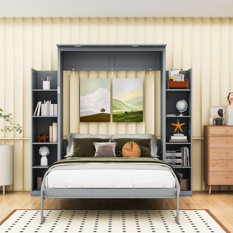 Lit escamotable avec armoires de rangement doubles et DEL de nuit intégrée, Gris, Double