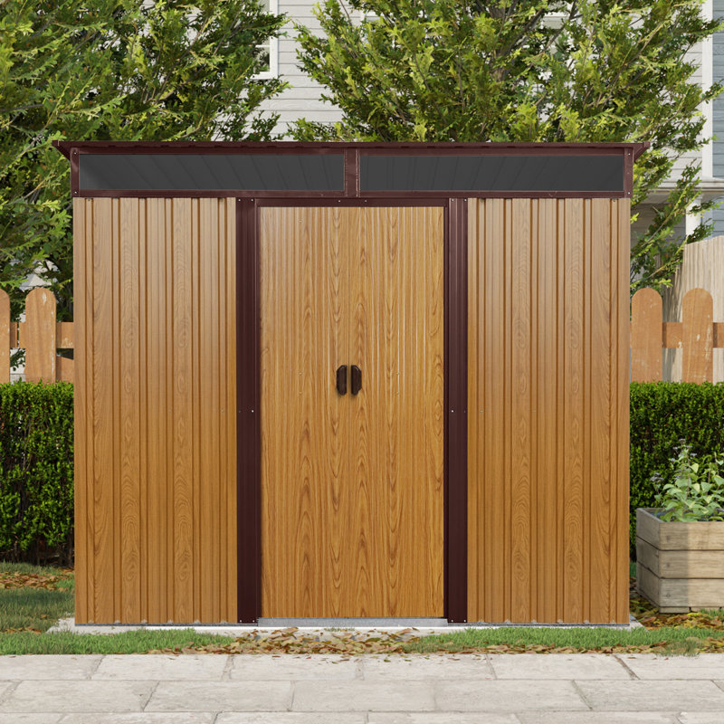 Spacious Metal Outdoor Shed For Garden Tools - With Gloves Easy To Assemble, 77.35" H x 95.61" W x 68.65" D, Coffee