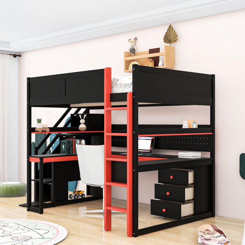 Esports-Inspired Wood Loft Bed with Built-In Desk, Shelves and Storage Stairs, Black Red, Full