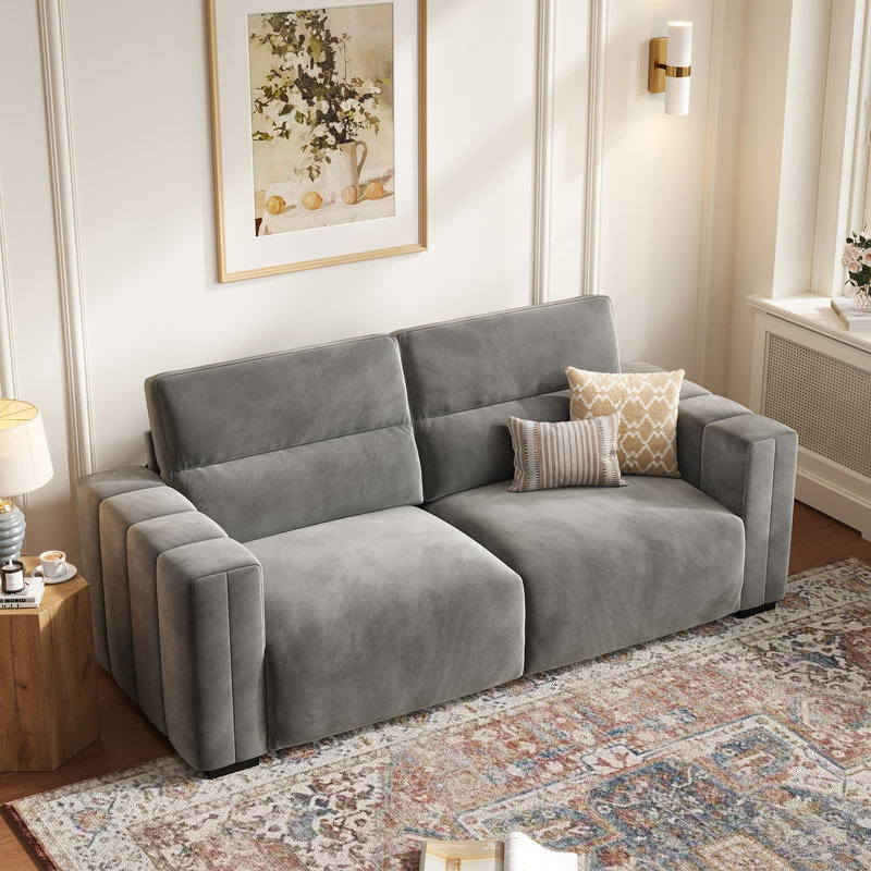 Canapé 82 po avec accoudoirs carrés en velours et canapé rembourré de qualité supérieure, Gris clair