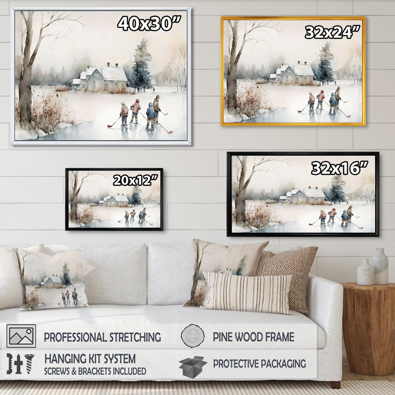 Enfants jouant au hockey en hiver II, H 16 po x l 32 po x P 1 po, Toile avec cadre flottant noir