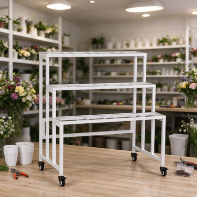 Flower Display Stand with Buckets, Tiered Metal Flower Bar Cart on Wheels, Heavy Duty Plant Stand for Indoor Outdoor Patio Garden Wedding Florist