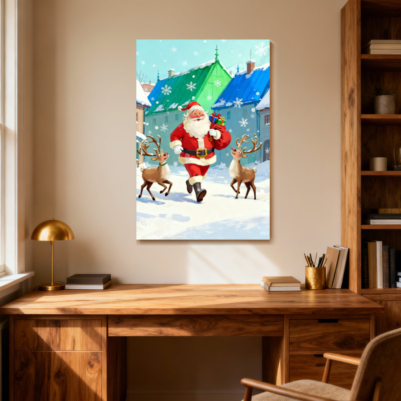 Père Noël avec des rennes dans la ville enneigée, H 18 po x l 12 po