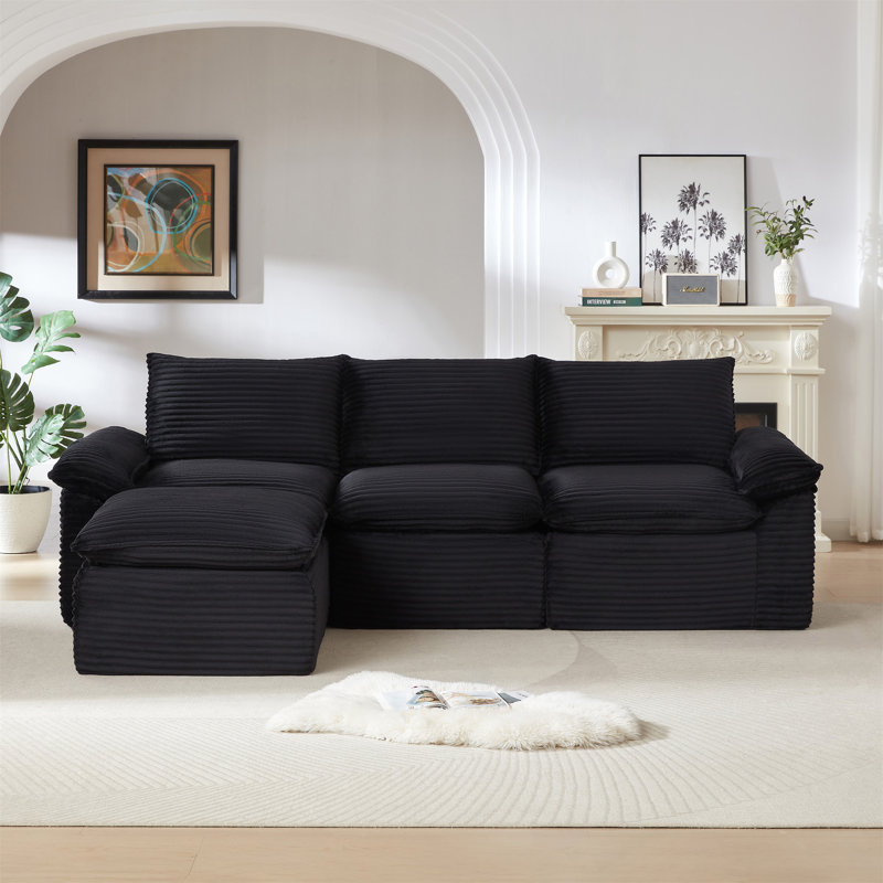 Modern  Cloud Sofa, 35.43" H x 111.03" W x 70.07" D, Black Corduroy