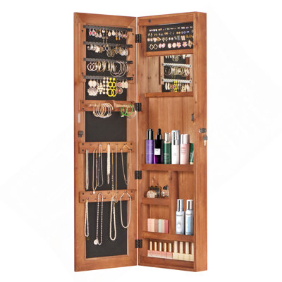 Solid Wood Jewelry Armoire Organizer Cabinet with Full-Length Mirror, 47.5x14.3 in Wall-Mounted Lockable with LED Light