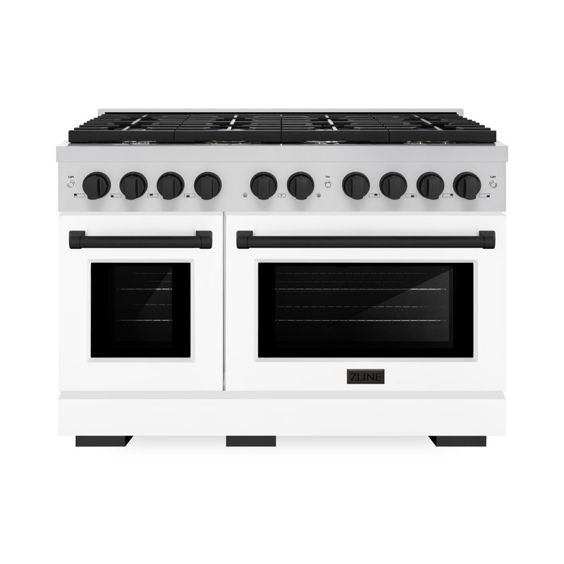 ZLINE 48 in. 8 Burner Double Oven Gas Range in Stainless Steel with White Matte Doors and Accents