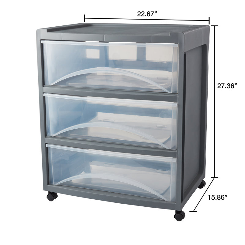Gray 3-Drawer Wide Plastic Storage Cart with Clear Fronts