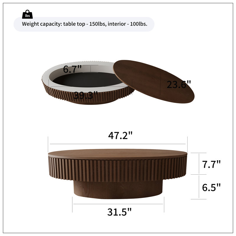 47'' Oval Coffee Table with Storage, Walnut