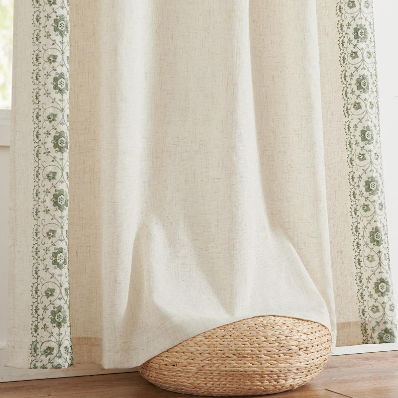 Linen Blend Embroidered Floral Farmhouse Curtains Curtains for Bedroom, 54" W x 96" L, Sage