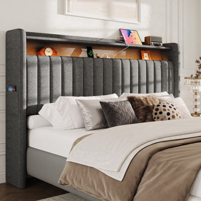 Upholstered Wingback Headboard with 2-Tier Storage, Charging Station, LED Light