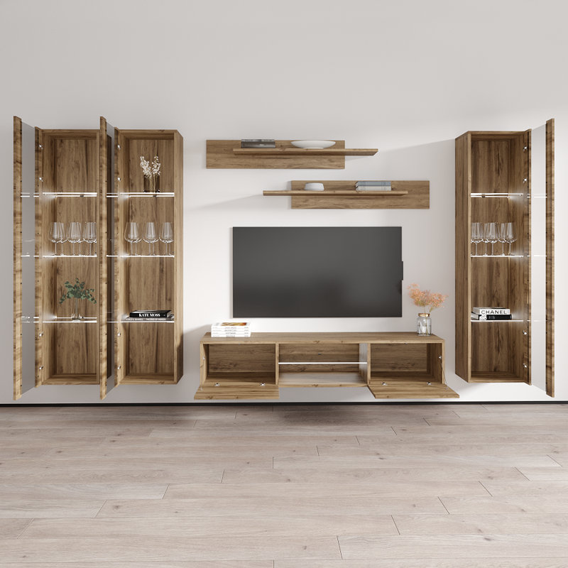 120" Modern Floating Wall Mounted Entertainment Center with 16-Color LED Lighting, High Gloss Finish, Oak