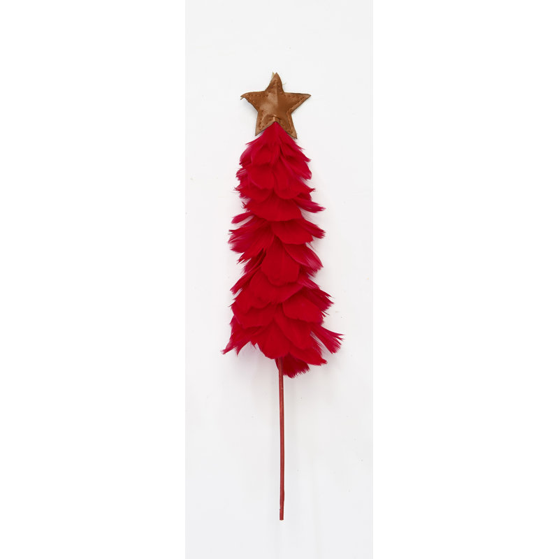 9" Feather Christmas Tree with Star On 10" Stick Pick, Red