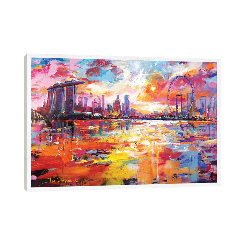 Singapore Skyline by Jos Coufreur - Painting on Canvas, White Framed, 66.04 cm H x 45.72 cm W