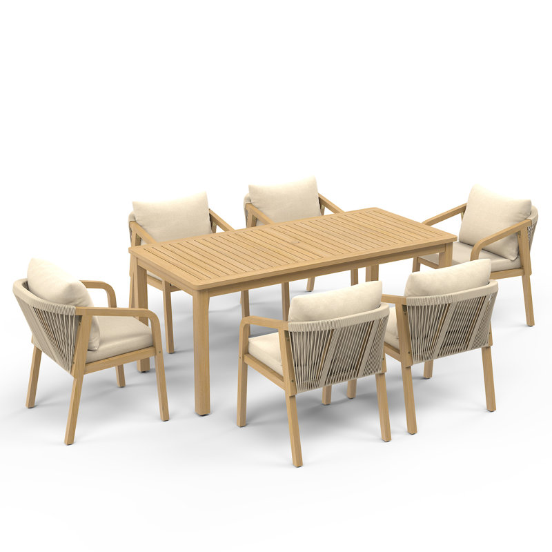 All Weather Acacia Wood Outdoor Dining Set with Water-Resistant Cushions, 6