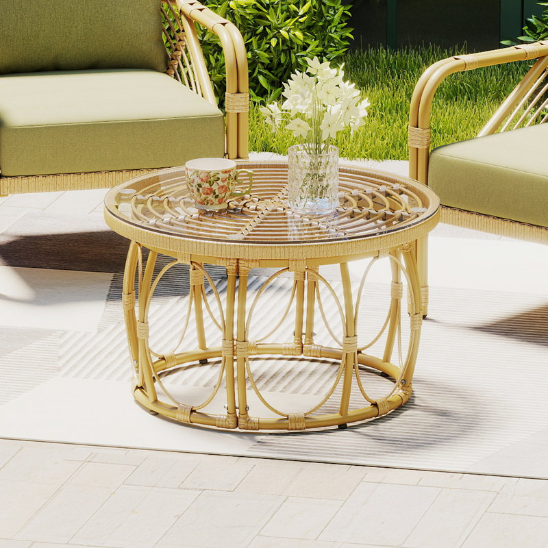 26.8'' W All Weather Polyethylene (PE) Rattan Round Indoor/Outdoor Coffee Table With Glass Top and Metal Base, Perfect For Patio, Porch, Or Garden