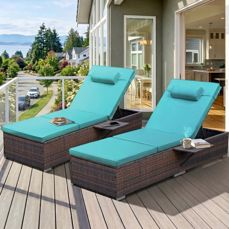  Outdoor Rattan Chaise Lounge Set of 2 with Reclining Backrest, Sidetable, Cushions & Head Pillows, Blue, 2