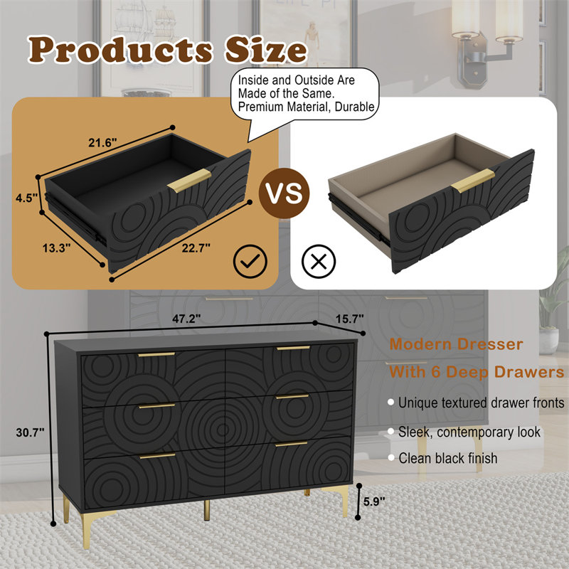 Commode moderne à 6 tiroirs pour chambre à coucher, commode large avec pieds et poignées en métal doré, rangement noir, Noir