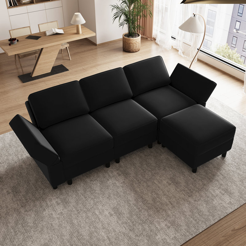 L-Shapedr Sectional Sofa With Moveable Ottoman, Black Velvet, 33.9" H x 88.6" W x 57.1" D