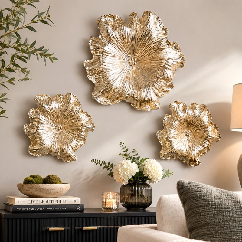 Polystone 3D Floral Wall Decor Set, Gold