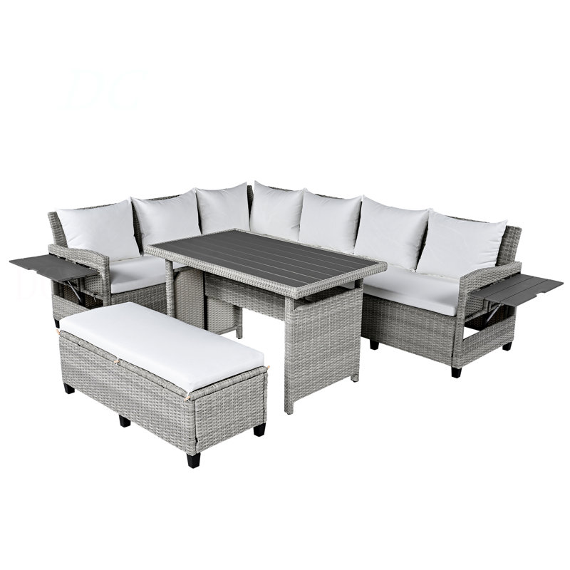 5-Piece Outdoor Patio Rattan Sofa Set, Sectional PE Wicker L-Shaped Garden Furniture Set With 2 Extendable Side Tables, Dining Table And Washable Covers For Backyard, Poolside, Indoor