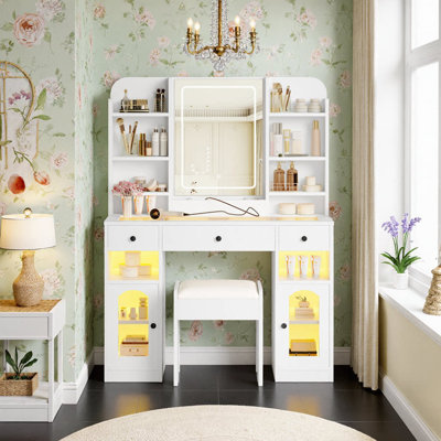 Modern Vanity Desk With Led Mirror, Glass Top, 3 Drawers & Storage Shelves For Bedroom