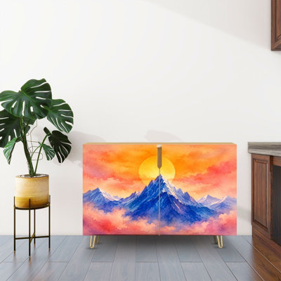 Sideboard Buffet Cabinet with Storage Majestic Mountain Peaks Watercolor Vibrant Sunset with 2 Doors for Living Room and Kitchen