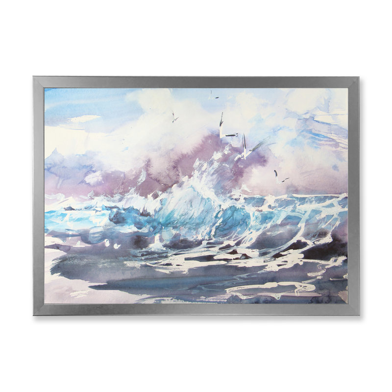 Vague et mouettes - reproduction d'art nautique et côtier sur toile, H 16 po x l 32 po x P 1 po, Cadre photo argenté