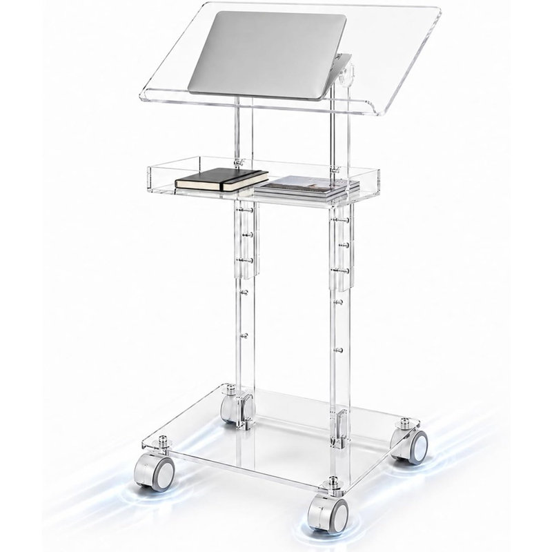 Pupitre réglable en acrylique avec roulettes, lutrin inclinable avec tablette de rangement, support de présentation mobile pour église, salle de classe, mariage et bureau