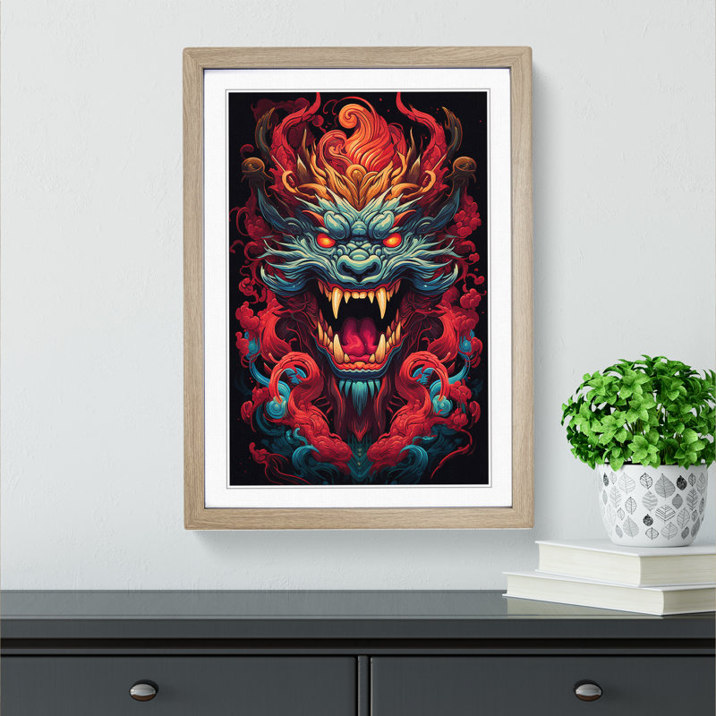Chinese Dragon Geometric No.2 - Single Picture Frame Print on Wood, 34cm H x 25cm W x 2cm D, Oak 