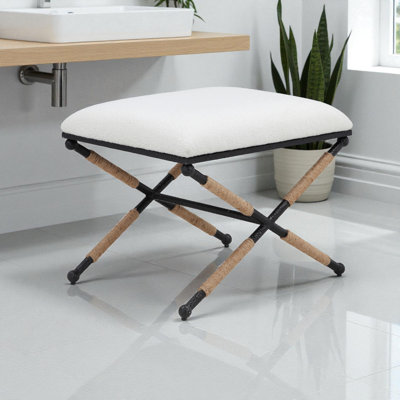 Buetti Jaipur Accent Stool in White Bouclé - Upholstered Vanity Stool/Ottoman - Modern Accent Ottoman- Bathroom Vanity Stool