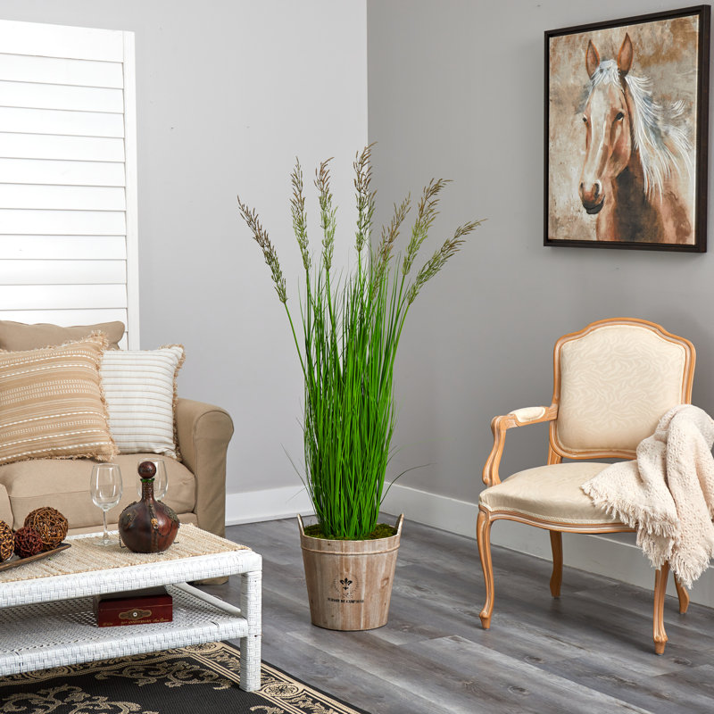 Faux Grass in Wood Planter, 64" H x 19" W x 19" D, Green