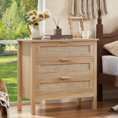 Rattan 3 Drawer Nightstand with Storage, Bohemian Style Wood Bedside Table for Bedroom and Living Room